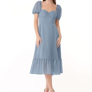 Azazie Baby Bridesmaid Dress, Dusty Blue, Size 14, Chiffon Tea-Length Dress